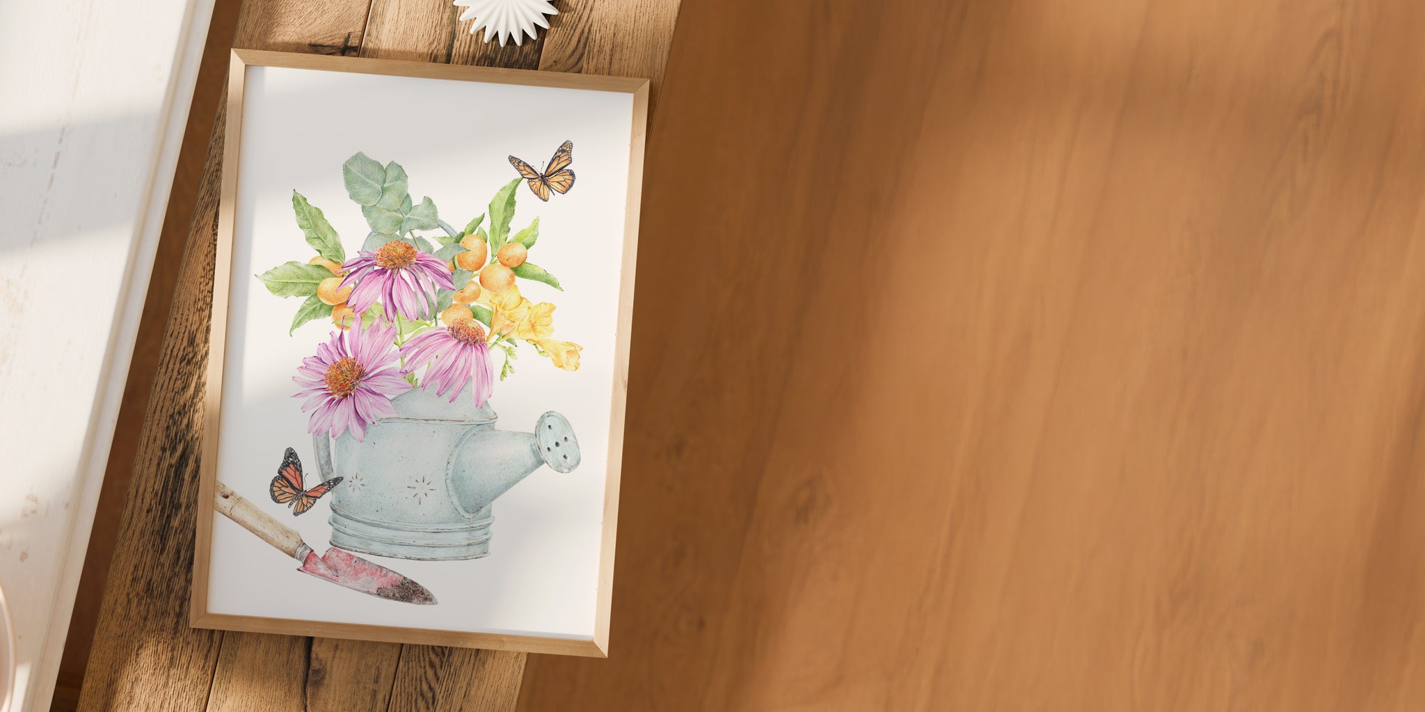 Art print featuring a vintage watering can filled with echinacea flowers, kumquats, eucalyptus leaves, and surrounded by monarch butterflies, perfect for farmhouse kitchen decor.